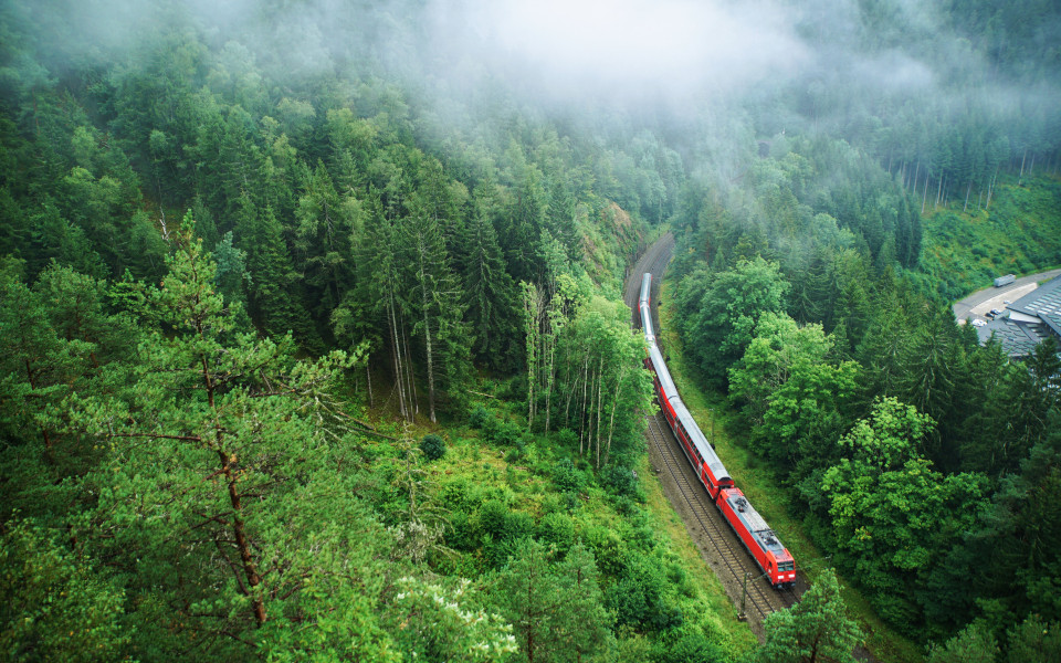 Zug im Schwarzwald, bedeckt von sanften Wolken